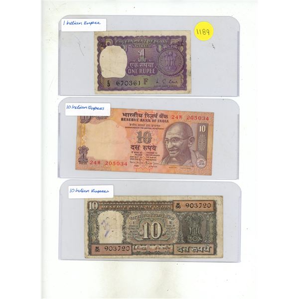 (1) One, (2) Ten Indian Rupees Banknote.