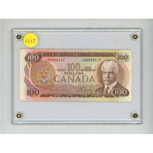 1975 Canadian One Hundred Dollar Bank Note - In Display Case