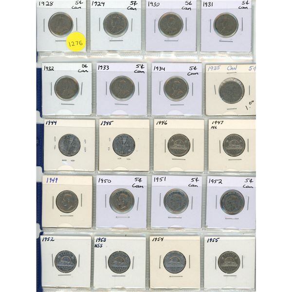 1928-1935, 1944-1947 ML, 1949-1951, (2) 1952, 1953-1963, 1965-1968 Canadian 5 Cents. (Total 32 Coins