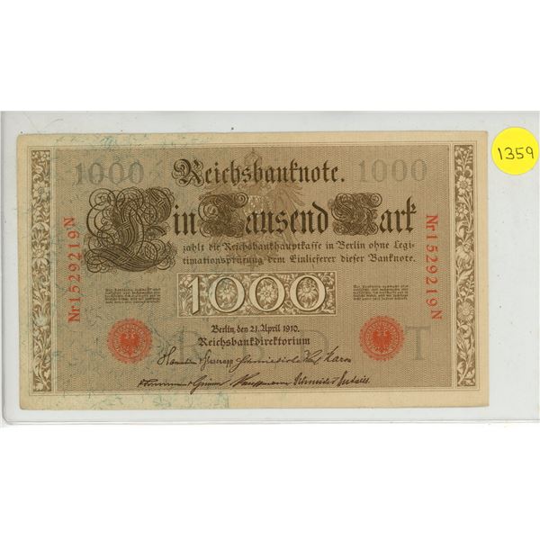 1910 Imperial Germany One Thousand Mark Reichsbanknote