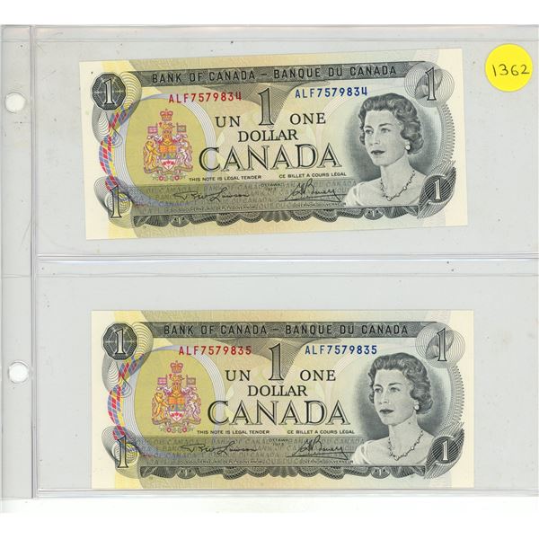 1973 UNC. 2 Canadian One Dollar Banknotes In Series UNC.