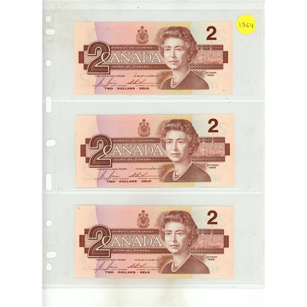 1986 UNC. 3 Canadian Two Dollar Banknotes In Series UNC.