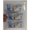 Image 1 : 2002 UNC. 3 Canadian Five Dollar Banknotes In Series UNC.