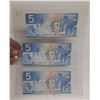 Image 2 : 2002 UNC. 3 Canadian Five Dollar Banknotes In Series UNC.