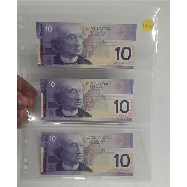 2001 UNC. 3 Canadian Ten Dollar Banknotes In Series UNC.