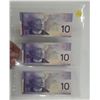 Image 1 : 2001 UNC. 3 Canadian Ten Dollar Banknotes In Series UNC.