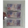 Image 2 : 2001 UNC. 3 Canadian Ten Dollar Banknotes In Series UNC.