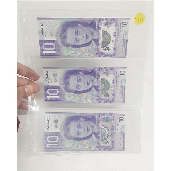 2018 UNC. 3 Canadian Ten Dollar Banknotes In Series UNC.