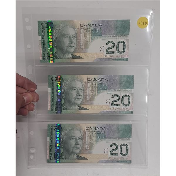 2004 UNC. 3 Canadian Twenty Dollar Banknotes In Series UNC.