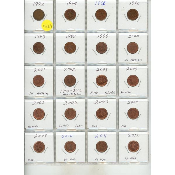 1993-2012 Sheet Of Canadian Small Cents - 20 Coins