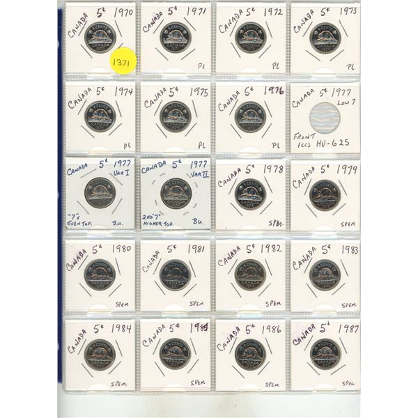 1970-1979 PL, 1980-1989 PL Sheet Of Canadian Five Cents - 21 Coins PL.