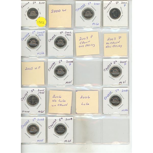 1990-1998 PL, 2000-2009 PL Sheet Of Canadian Five Cents - 21 Coins PL.