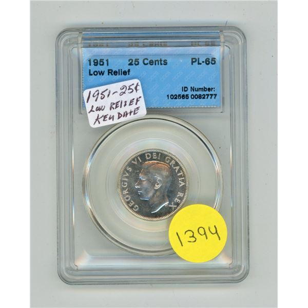 1951 Canada 25 Cents Low Relief PL-65 - CCCS Graded.