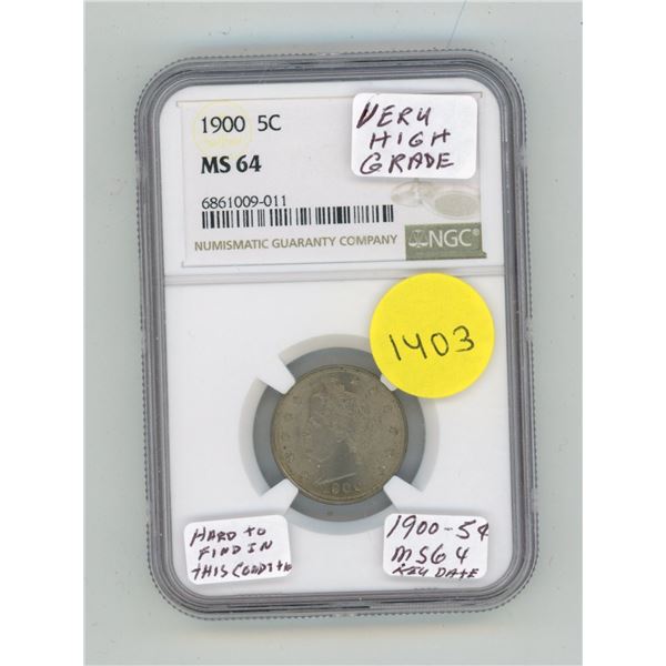 1900 U.S.A 5 Cents MS 64 - NGC Graded.