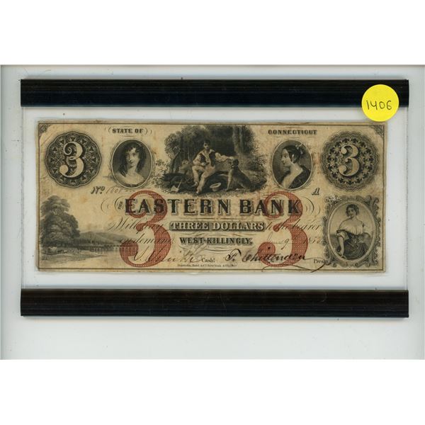 This is an 1852 three-dollar obsolete banknote from the Eastern Bank in West-Killingly, Connecticut,