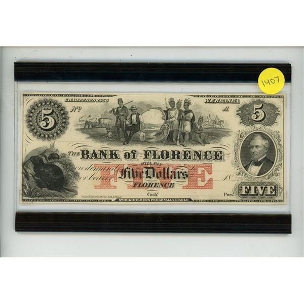 1850s $5 Bank of Florence, Nebraska Territory obsolete banknote. The bank operated from 1856 to 1858