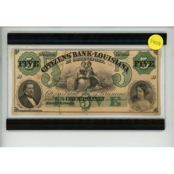 1860s $5 Citizens' Bank of Louisiana obsolete banknote. The note is a Civil War-era banknote from on