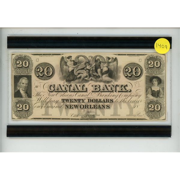 This is an obsolete $20 banknote from the Canal Bank of New Orleans, Louisiana, dating to the 1840s 