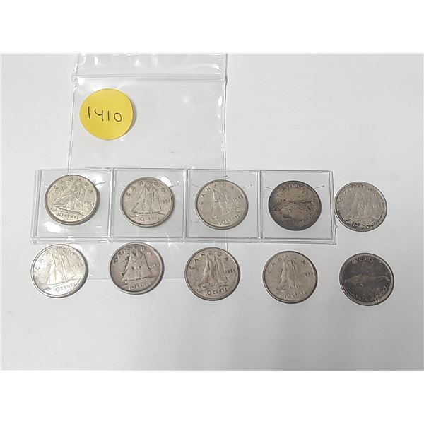 1947, 1963, (3) 1964, 1965, 1966, (2) 1967, 1968 Canadian Silver 10 Cents Coins.