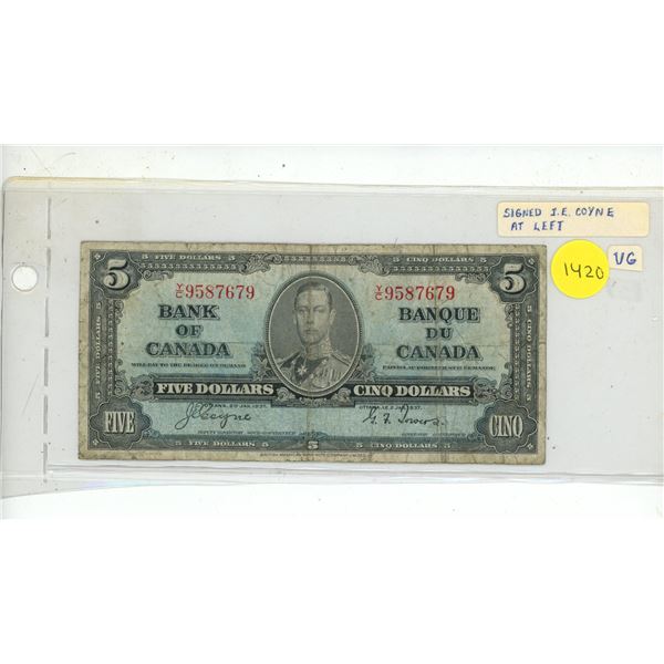 1937 Bank of Canada Five Dollar.