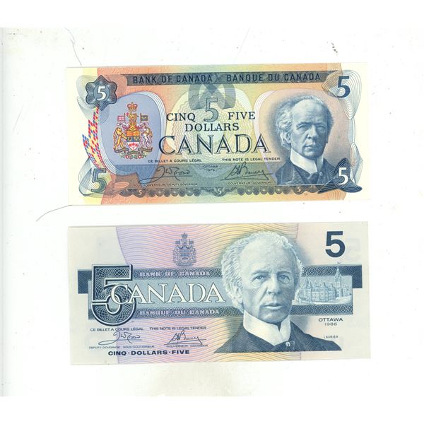1979 and 1986 Bank of Canada Five Dollar.
