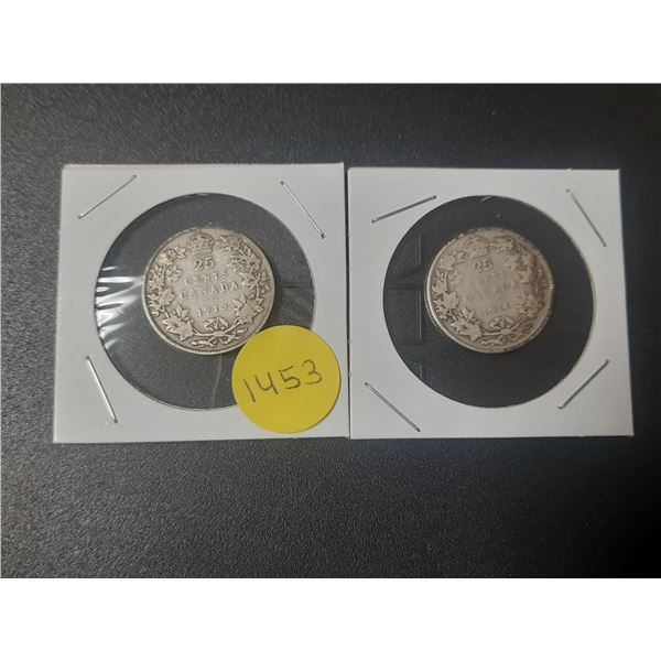 1913 and 1914 Canada Silver 25 Cents Coins.