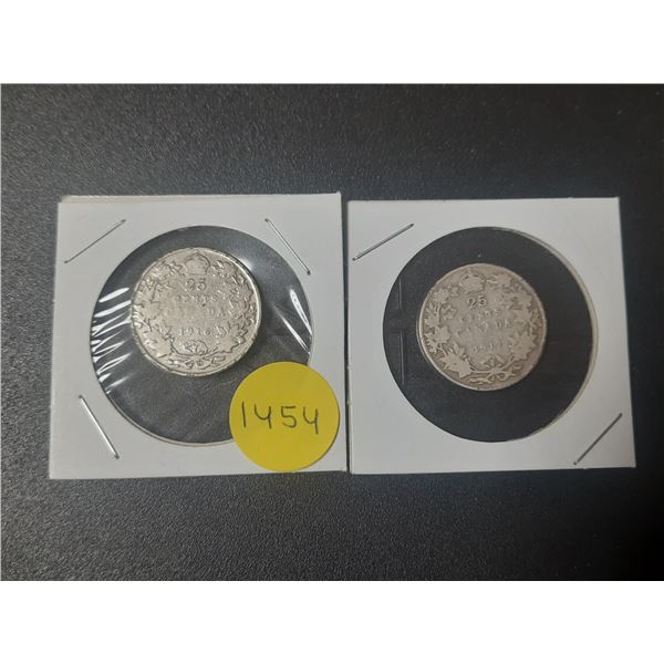 1916 and 1917 Canada Silver 25 Cents Coins.