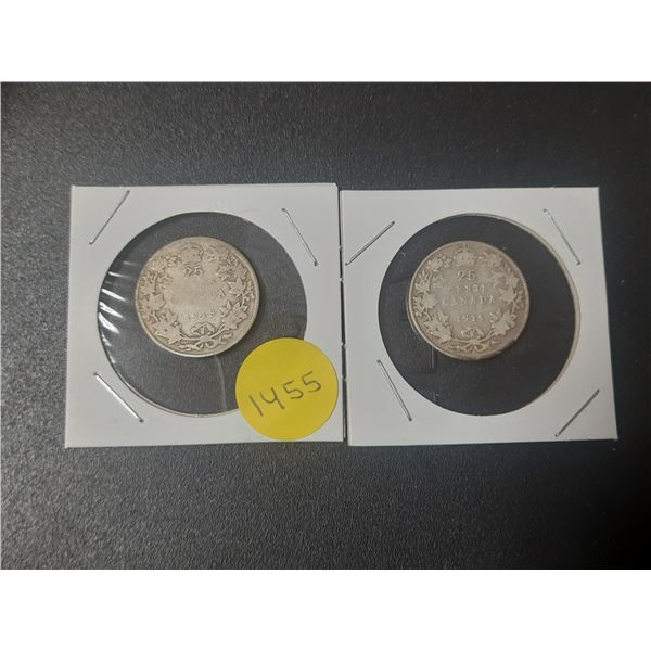 1918 and 1919 Canada Silver 25 Cents Coins.