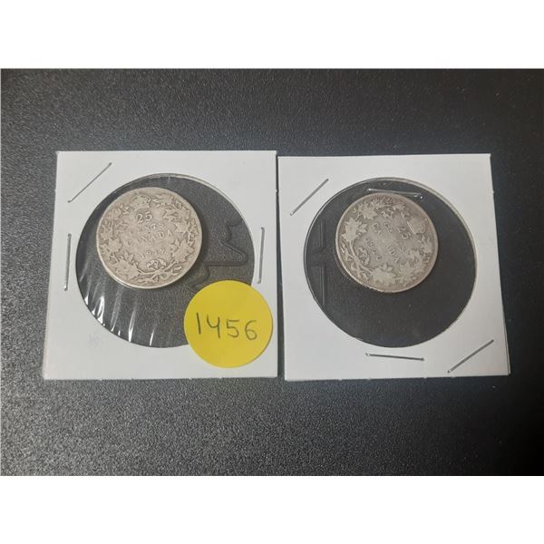 1919 and 1920 Canada Silver 25 Cents Coins.