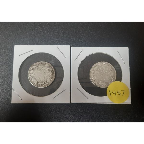 1928 and 1929 Canada Silver 25 Cents Coins.