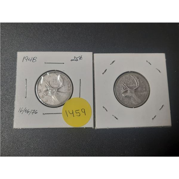 1948 and 1949 Canada Silver 25 Cents Coins.
