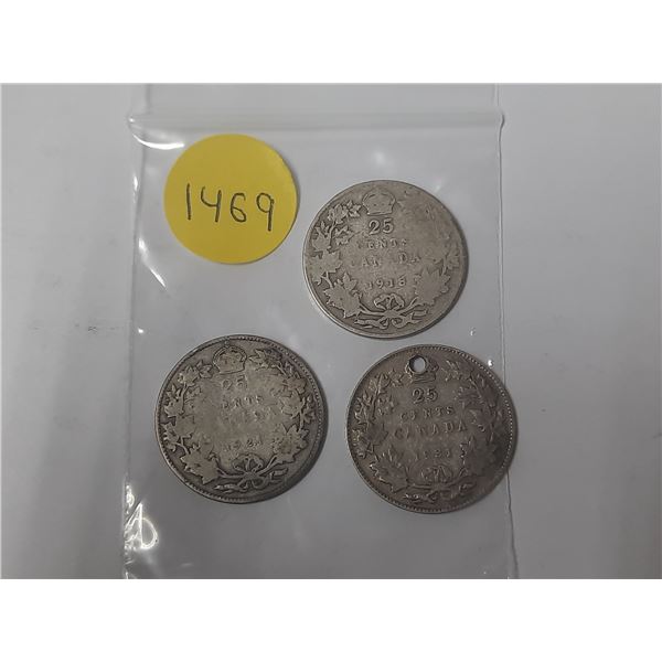 1918, 1921, 1931 Canadian Silver 25 Cents Coin.