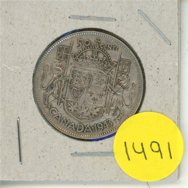 1943 Canada Silver 50 Cents Coin.