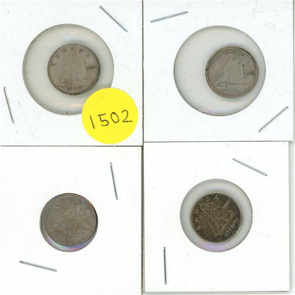 1951, 1938, 1941, 1963, Canada Silver 10 Cents Coin.