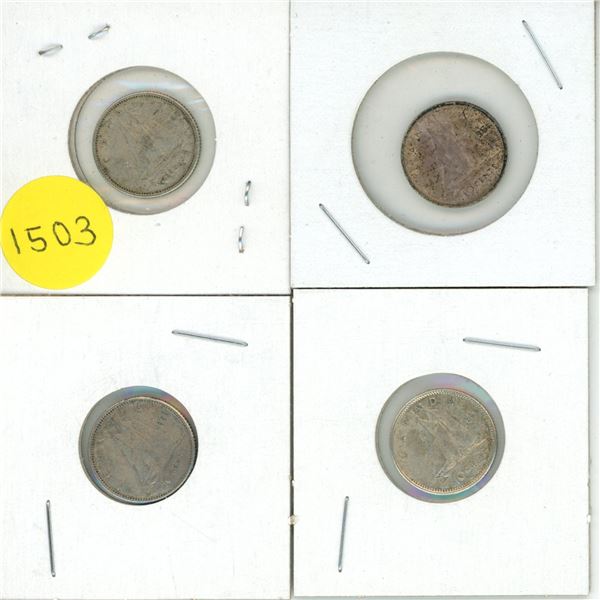 1960, 1961, 1959, 1964, Canada Silver 10 Cents Coin.