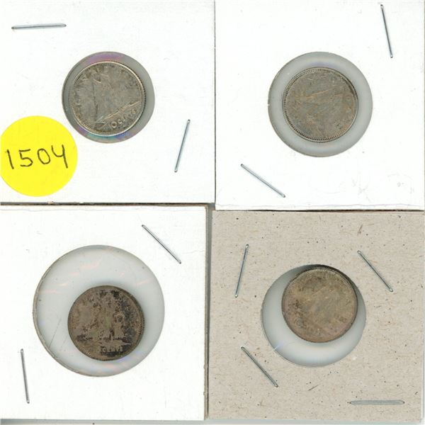 1962, 1960, 1953, 1955, Canada Silver 10 Cents Coin.