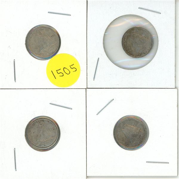1952, 1949, 1961, 1945, Canada Silver 10 Cents Coin.