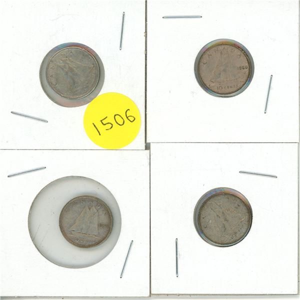 1955, 1960, 1945, 1961, Canada Silver 10 Cents Coin.