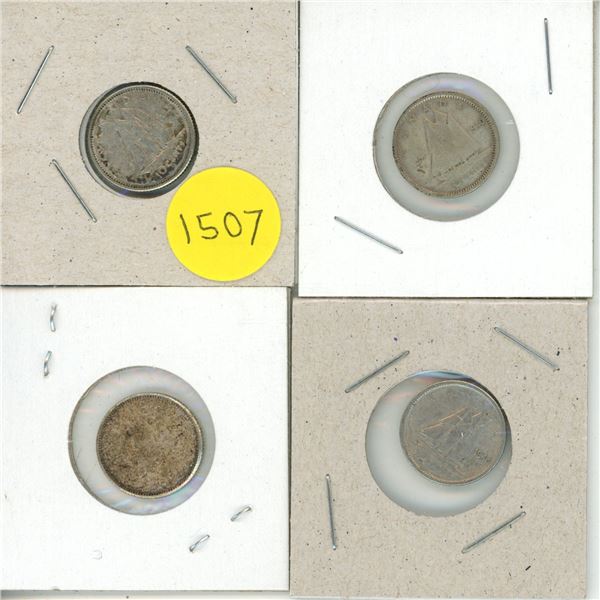 1962, 1940, 1959, 1943, Canada Silver 10 Cents Coin.
