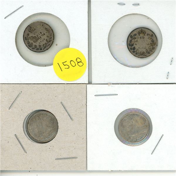 1929, 1918, 1958, 1961, Canada Silver 10 Cents Coin.