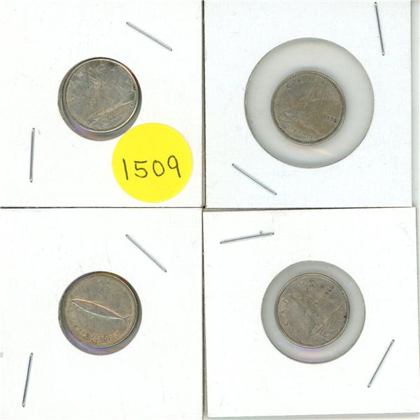 1961, 1956, 1967, 1960, Canada Silver 10 Cents Coin.