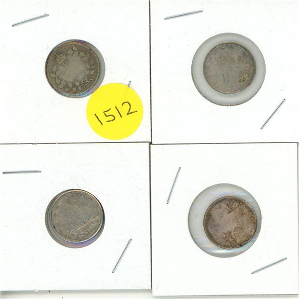 1921, 1942, 1959, 1964 Canada Silver 10 Cents.