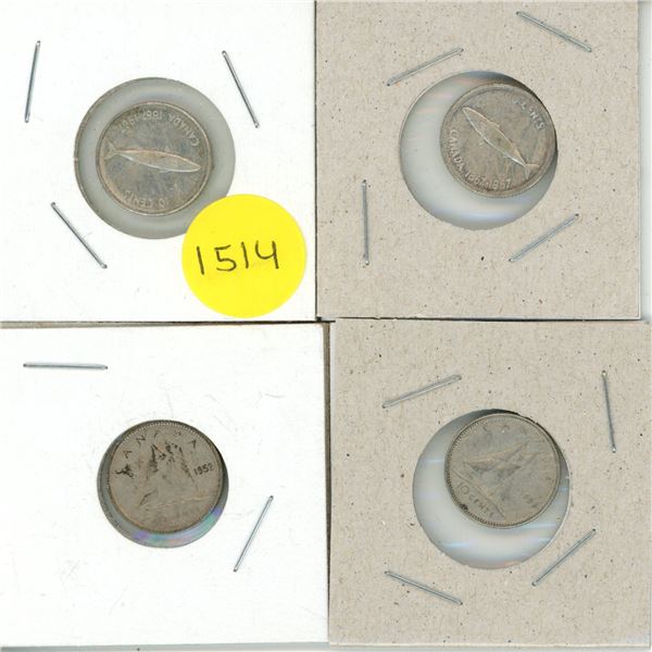 (2) 1967, 1952, 1958 Canada Silver 10 Cents.