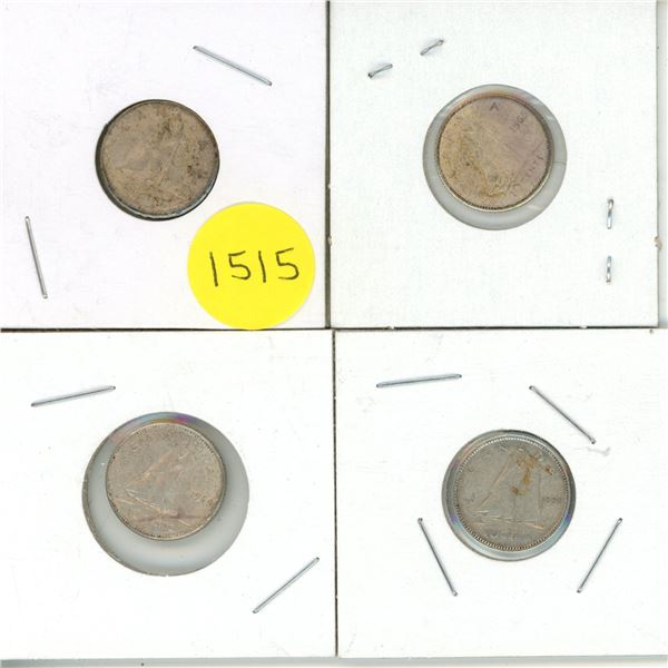 1963, 1965, 1964, 1950 Canada Silver 10 Cents.