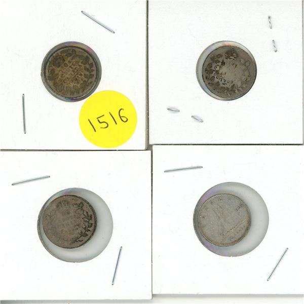 1918, 1933, 1936, 1953 Canada Silver 10 Cents.