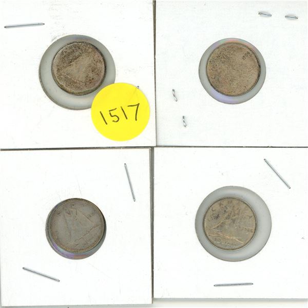1951, 1954, 1947, 1966 Canada Silver 10 Cents.