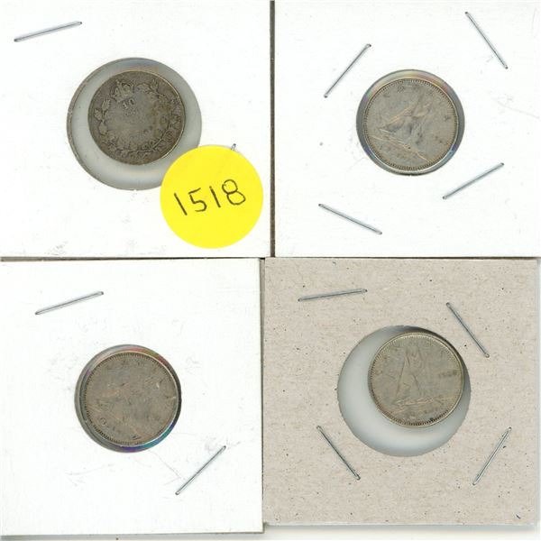 1920, 1963, 1963, 1960 Canada Silver 10 Cents.
