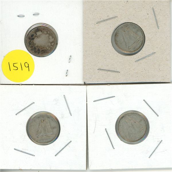 1919, 1951, 1951, 1951 Canada Silver 10 Cents.