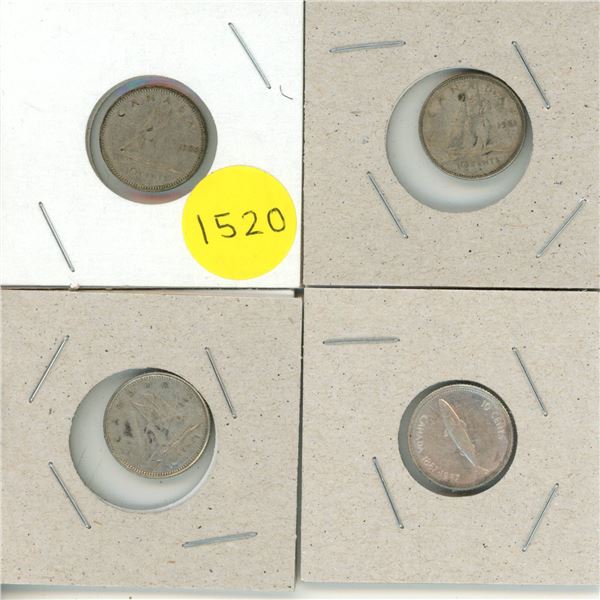 1953, 1963, 1951, 1951 Canada Silver 10 Cents.