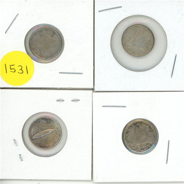 1943, 1952, 1967, 1962 Canada Silver 10 Cents.